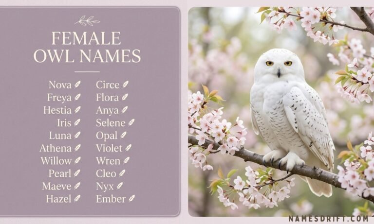 Cute owl sitting on a branch beside names that mean owl title design
