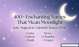 Soft pastel featured image for names that mean moonlight with crescent moon and celestial typography.