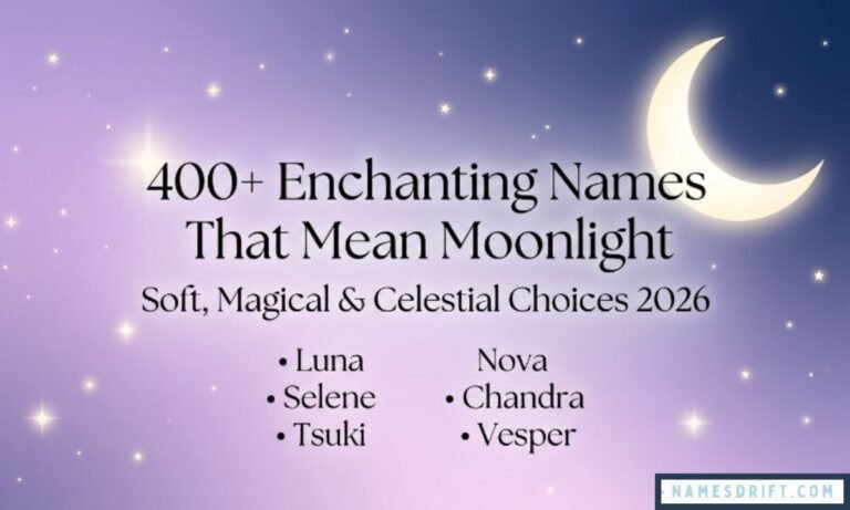 Soft pastel featured image for names that mean moonlight with crescent moon and celestial typography.