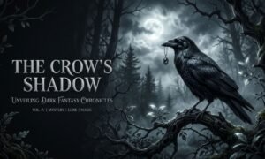 Majestic black crow sitting on twisted branches in a dark moonlit fantasy forest.
