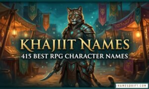 Fantasy Khajiit names featured image with RPG style cat warrior in magical market