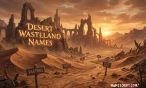 Fantasy desert wasteland landscape with glowing ruins and creative wasteland name signposts