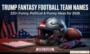 Donald Trump fantasy football team names featured image with football helmet and patriotic sports theme