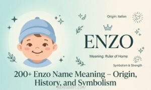 Enzo name meaning featured image with baby illustration and Italian origin details