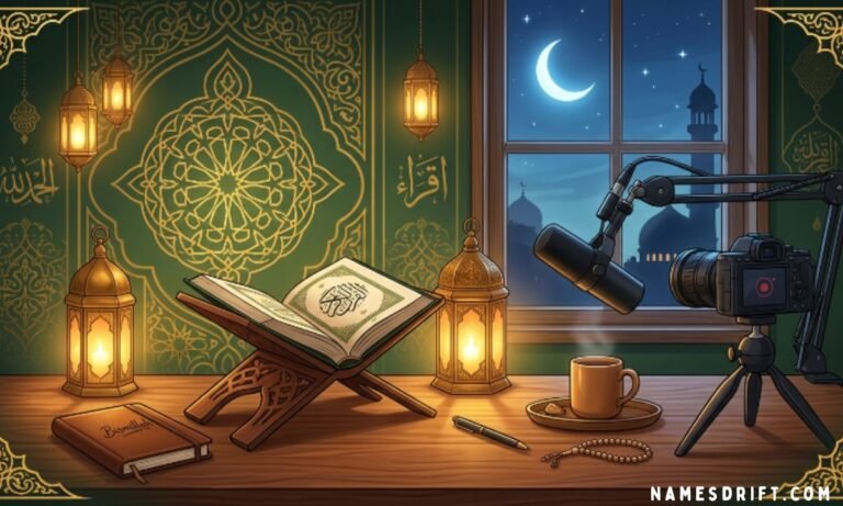 Islamic YouTube channel name ideas illustration with Quran lanterns and creative workspace design