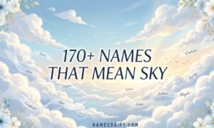 Names that mean sky featured images with clouds, sunlight, and elegant typography.