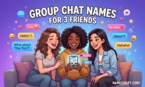 Three male friends standing together with smartphones and group chat theme