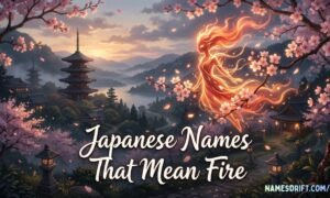Japanese names that mean fire featured image with glowing fire spirit and cherry blossoms