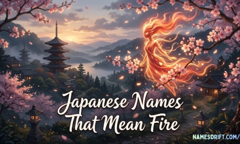 Japanese names that mean fire featured image with glowing fire spirit and cherry blossoms