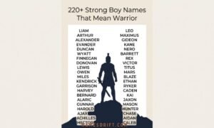 Strong boy names that mean warrior infographic with warrior silhouette and powerful baby names