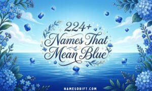224 names that mean blue Featured image showing ocean, sky, sapphire gemstones and blue flowers representing names that mean blue.