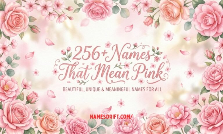 256+ Names That Mean Pink with soft pink flowers and elegant floral design.