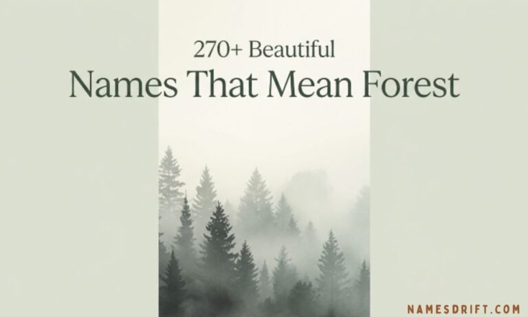 Beautiful Names That Mean Forest nature-inspired featured image with misty pine forest.