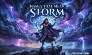 Names That Mean Storm illustrated with dramatic lightning, swirling storm clouds, and a powerful fantasy-inspired character symbolizing strength and resilience.