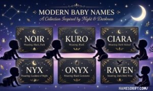 Baby names that mean black including Noir Kuro Ciara Nyx and Onyx in a modern illustrated collection