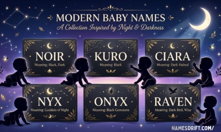 Baby names that mean black including Noir Kuro Ciara Nyx and Onyx in a modern illustrated collection