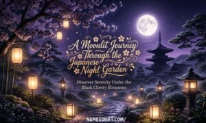 280+ Unique Japanese Names That Mean Darkness featured image with moonlit Japanese gardens and dark floral aesthetic.