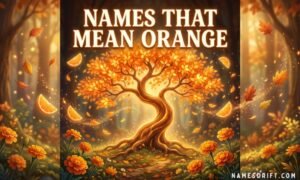 Collection of orange-inspired names with bright citrus fruits, warm sunset tones, and vibrant orange floral elements.