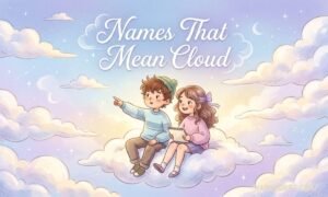 Names That Mean Cloud featured image with adorable children sitting among fluffy clouds and dreamy sky scenery