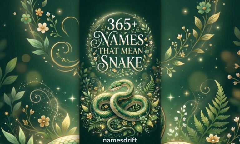 Elegant feature image for names that mean snake article with floral typography and mystical serpent illustration.