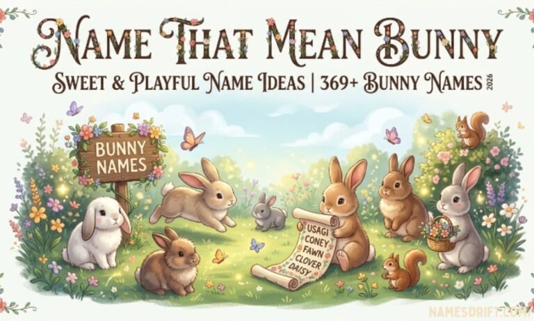 Cute fluffy rabbits surrounded by colorful flowers representing names that mean bunny