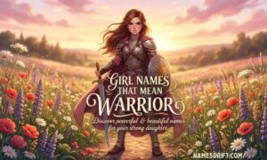 Girl names that mean warrior feature image with brave female warrior and flowers