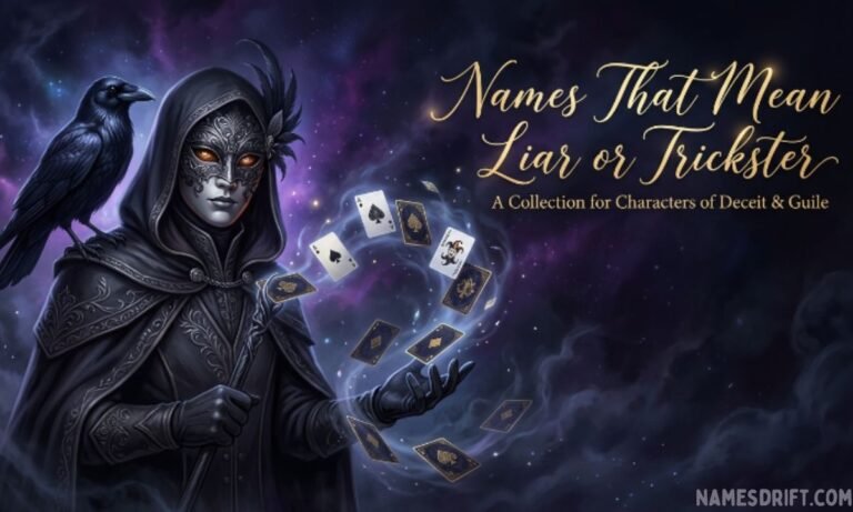 Names that mean liar or trickster illustrated with mysterious and cunning fantasy elements.