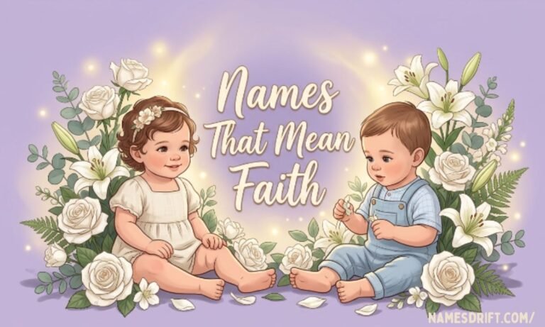 Names That Mean Faith feature image with babies, flowers, and spiritual symbolism