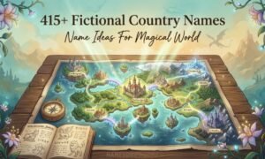 Fantasy world map with fictional country names theme and magical kingdoms.