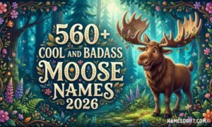 Cute and badass moose with large antlers in a colorful forest representing cool, funny, and unique moose names for 2026
