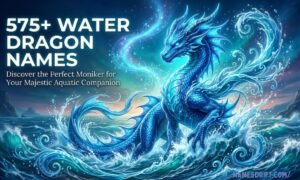 Water Dragon Names represented by an epic sea dragon flying above rivers and crashing ocean waves.