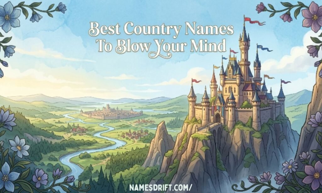  Fantasy kingdom with castles representing creative country names.
