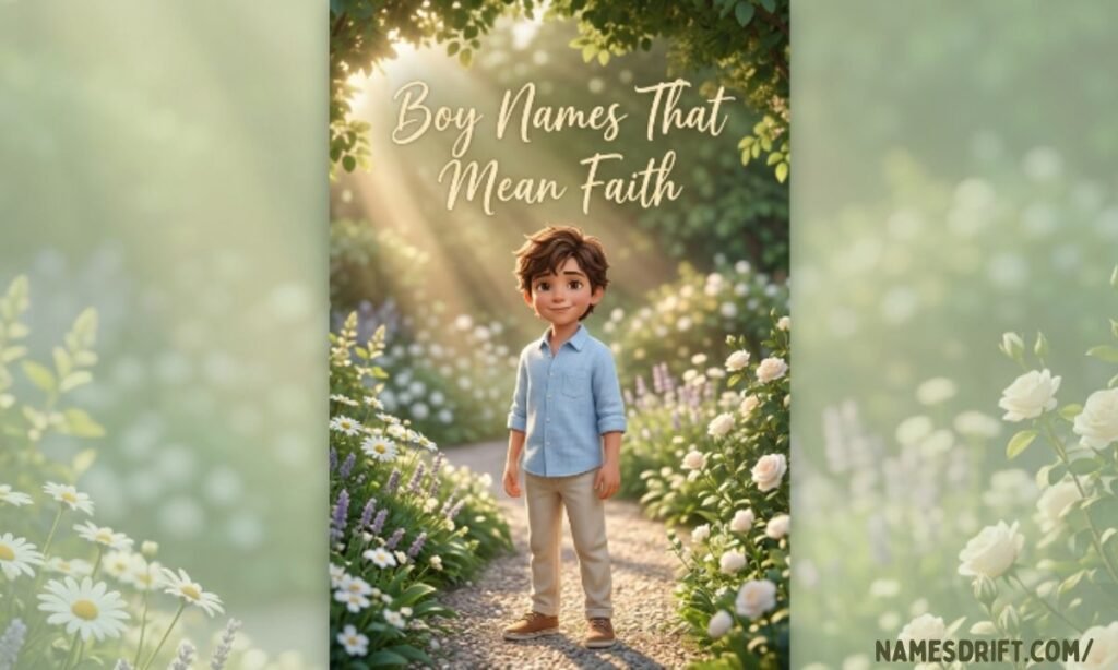  Boy names that mean faith with spiritual garden illustration
