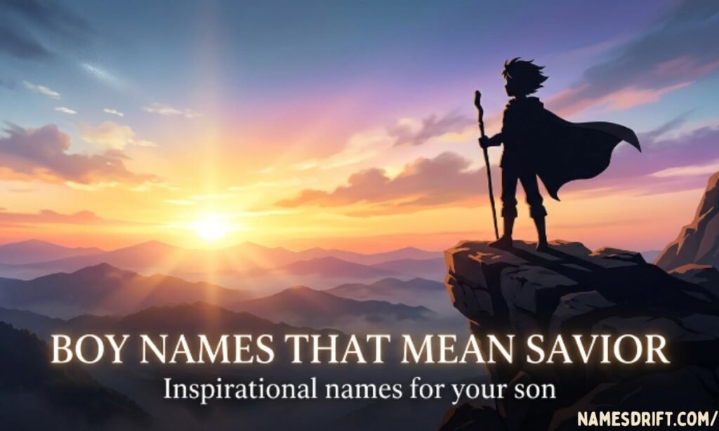 Boy names that mean savior with heroic sunrise background
