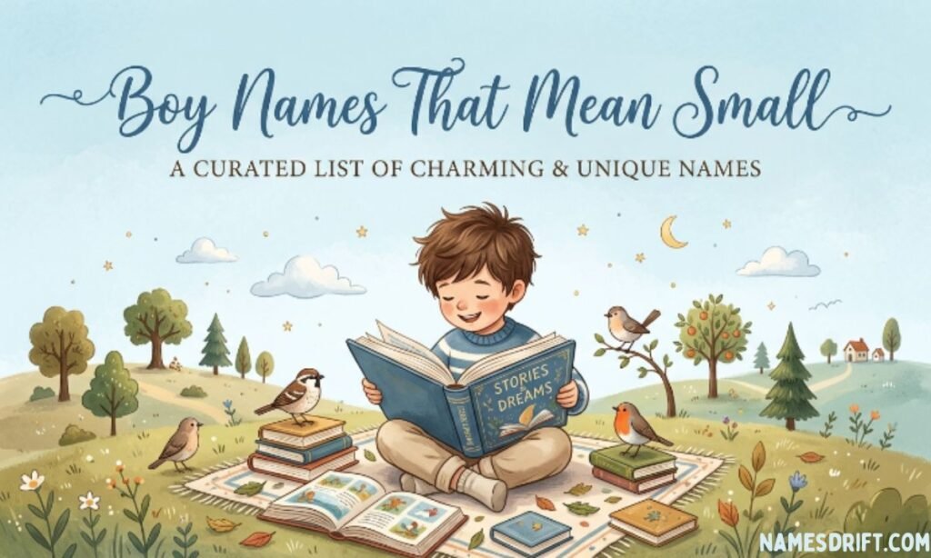 Boy names that mean small displayed in a blue-themed illustrated banner.