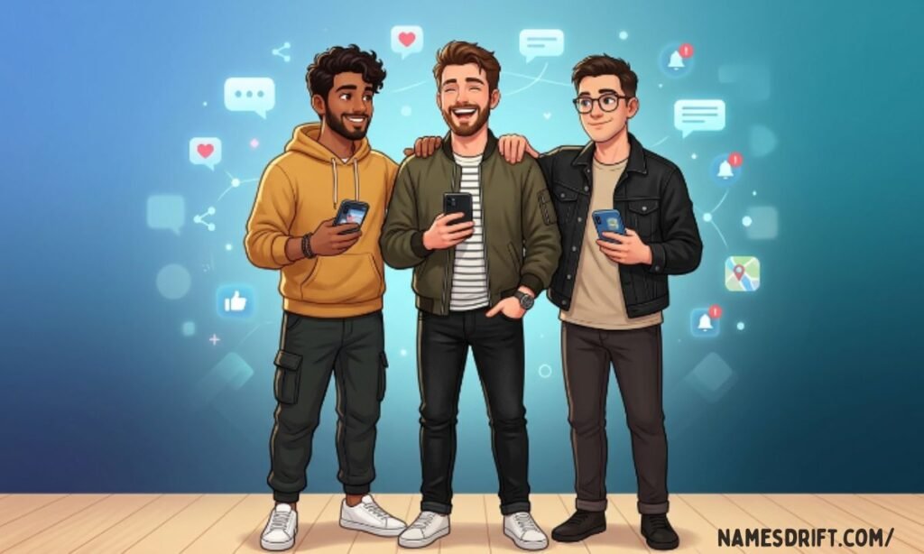 Three male friends standing together with smartphones and group chat theme
