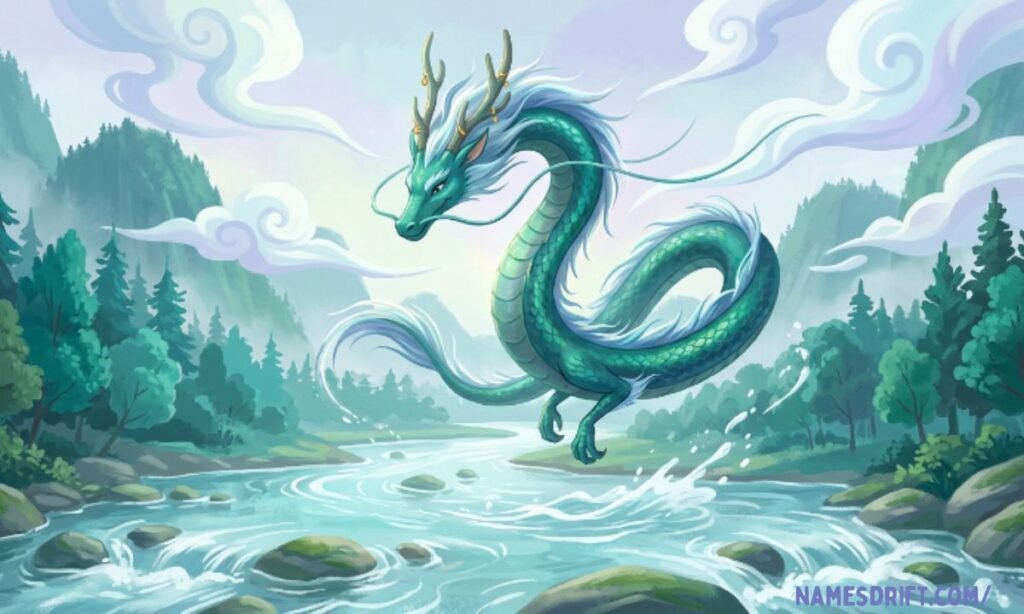 Chinese water dragon flying above a river with traditional fantasy style