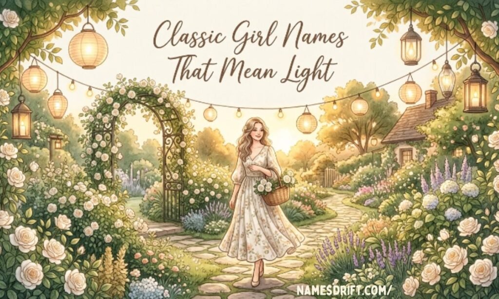 Classic girl names meaning light with elegant floral theme
