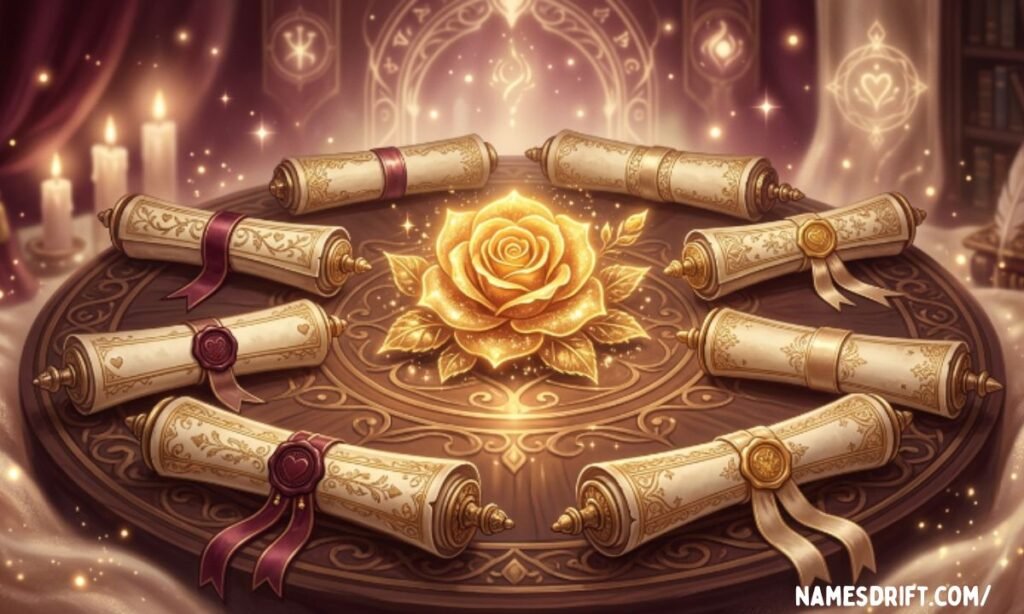 Classic names associated with desire and attraction represented through elegant romantic fantasy elements
