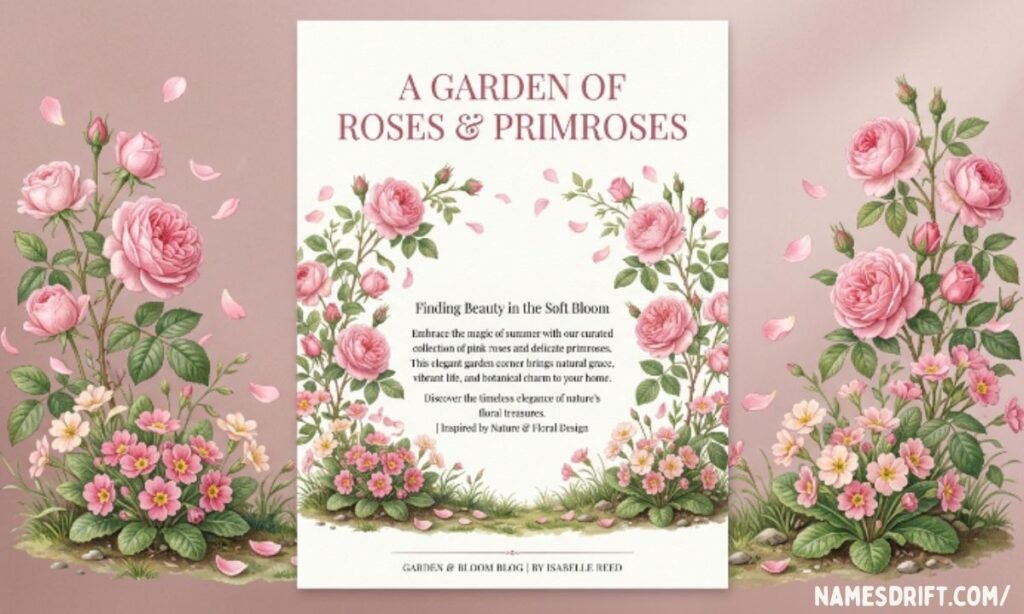 Classic pink-inspired names represented by roses and botanical flowers.
