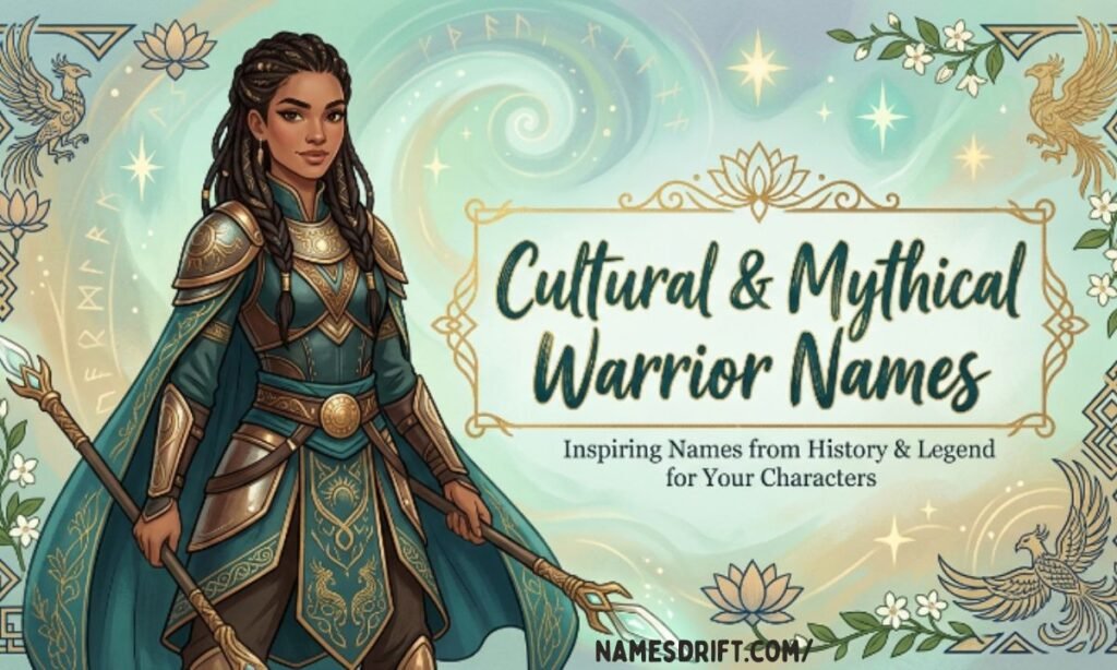 Cultural and mythical warrior girl names with artistic warrior illustration