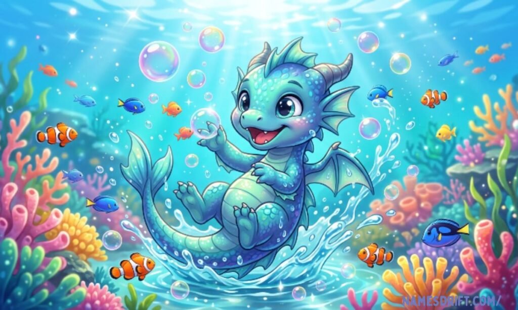 Cute baby water dragon playing with bubbles underwater