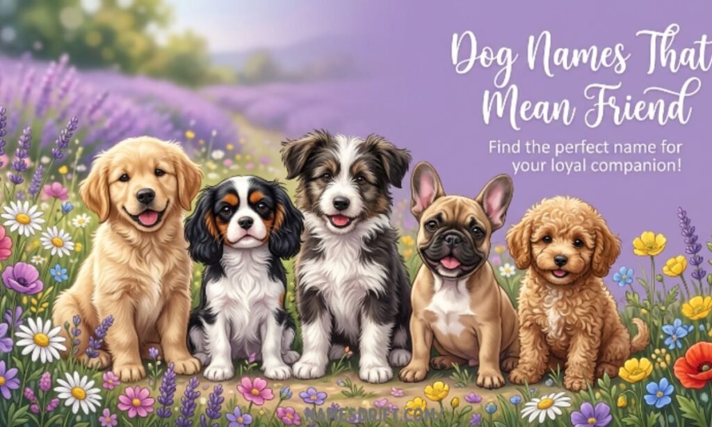 Dog names that mean friend with cute puppy illustration