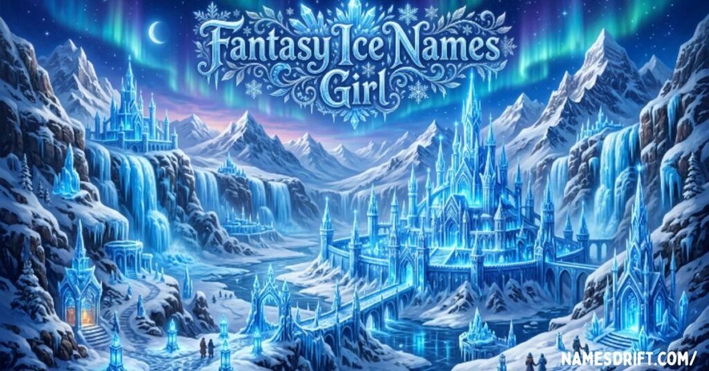 Fantasy ice names girl image with frozen castle and magical winter kingdom
