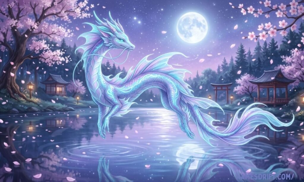 Elegant female water dragon with Japanese-inspired fantasy scenery