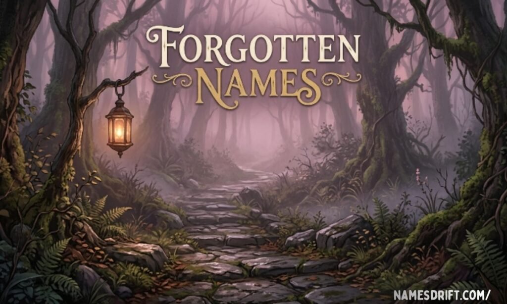 Forgotten names illustration featuring an abandoned path in a mystical forest
