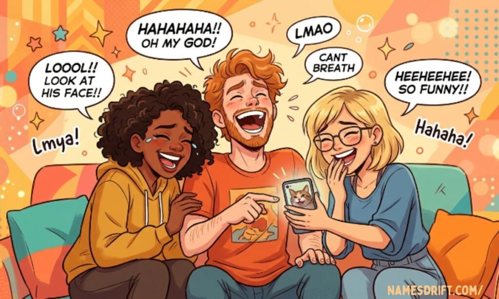  Three friends laughing while checking a group chat
