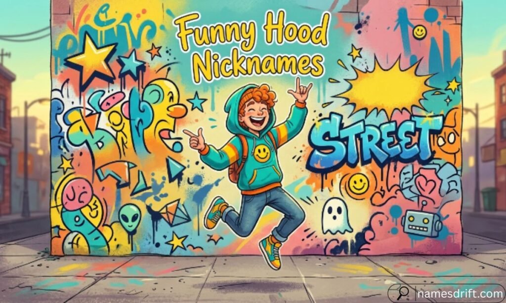 Funny hood nicknames illustration with colorful street art.