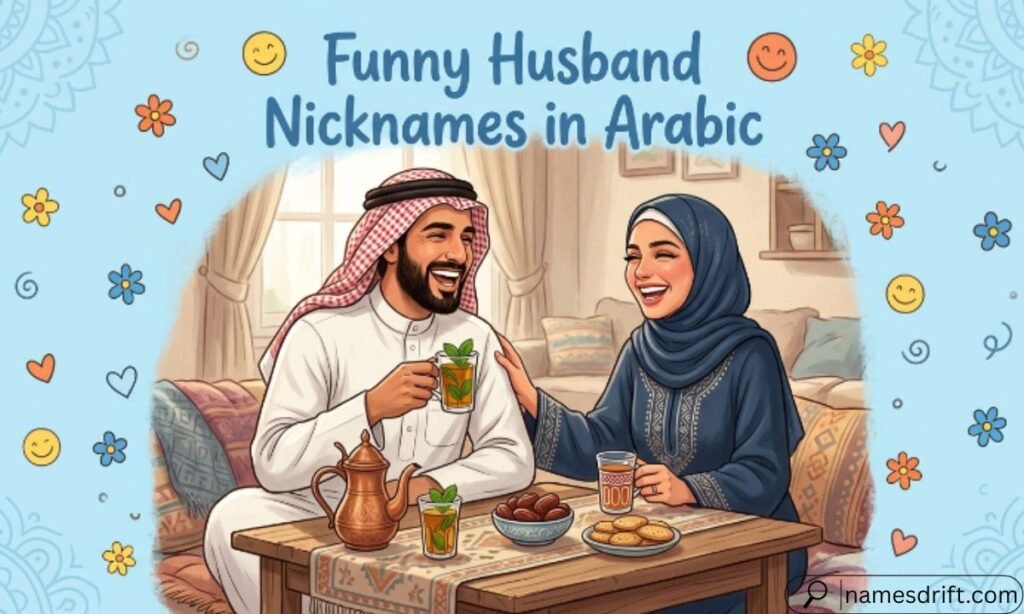 Happy Arab couple laughing together representing funny husband nicknames.