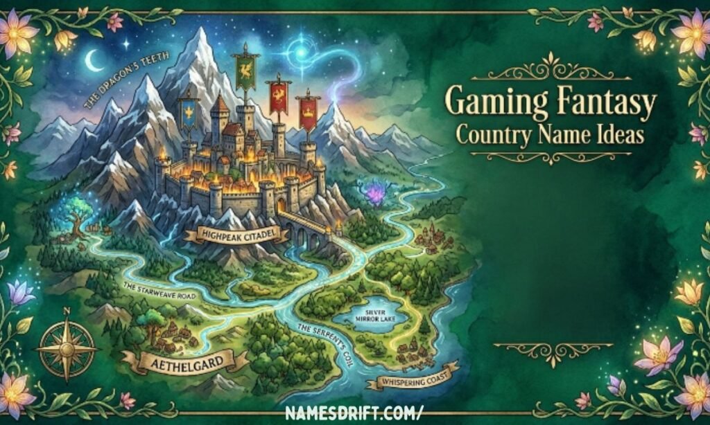 RPG fantasy kingdom and fortress representing gaming country names.
